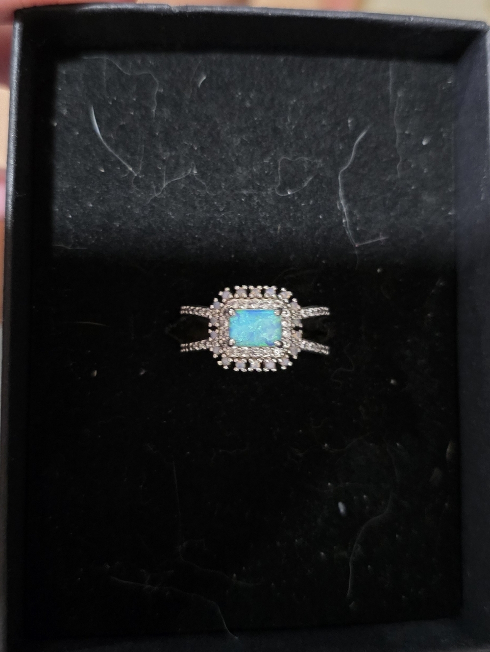Blue Opal Ring With Cz Halo Accents
